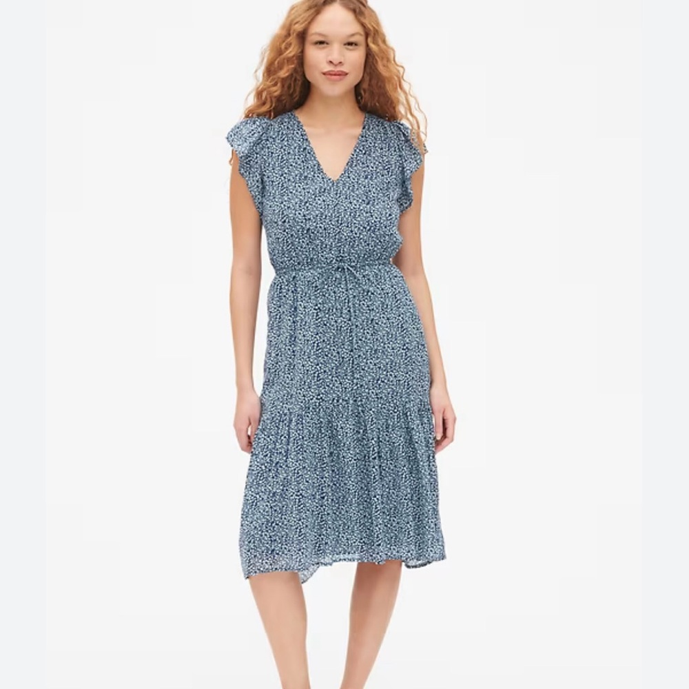 GAP Woman’s Blue Floral V-Neck Midi Sundress with Flutter Sleeves Sz XS Petite